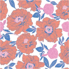 Fotobehang Vector vintage floral seamless pattern with blooming peonies, leaves, natural floral illustration on white background. © andrei