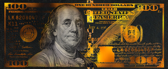 golden textured 100 US dollar banknote with black background
