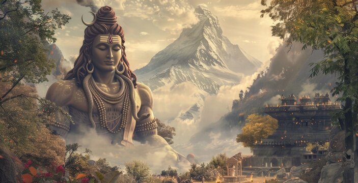 big sculpture of lord shiva with temple and mountain landscape
