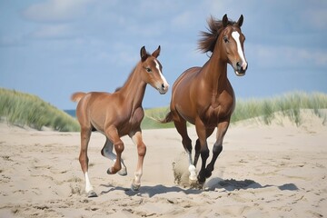 horse and foal running side by side on sandy beach