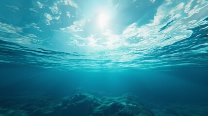 Underwater background featuring a deep blue sea with beautiful light rays piercing through the water - obrazy, fototapety, plakaty