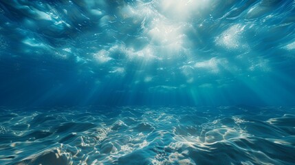 Fototapeta na wymiar Underwater background featuring a deep blue sea with beautiful light rays piercing through the water