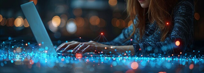 Hand of businesswoman typing on laptop computer with digital network connection technology background, Business and internet concept banner. generative AI