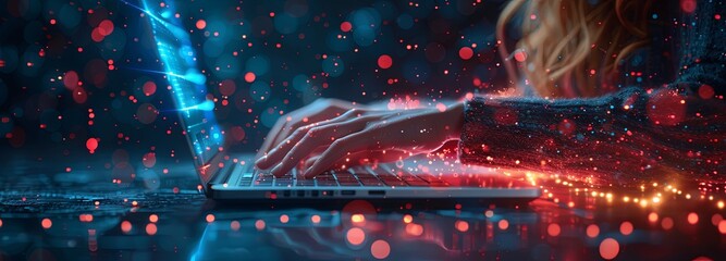 Hand of businesswoman typing on laptop computer with digital connection lines, data transfer and technology network concept banner background. Generative AI