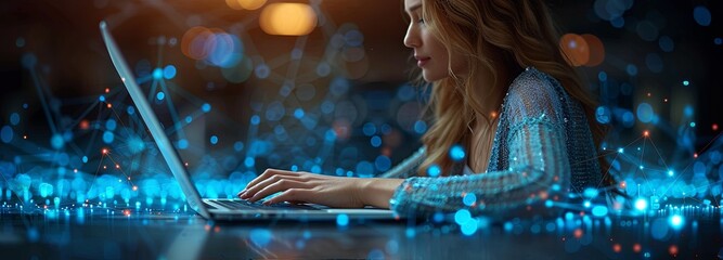 Hand of businesswoman typing on laptop computer with digital connection lines, data transfer and technology network concept banner background. Generative AI