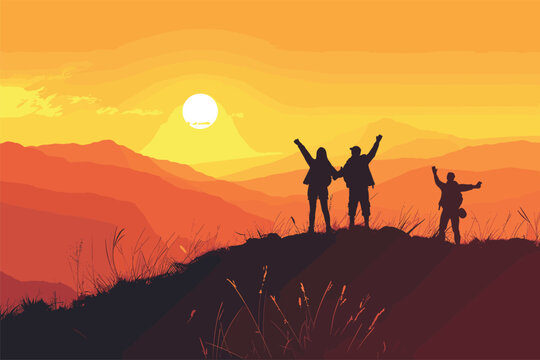 Group of people on the mountain, Silhouettes of happy friends sunset background, Group of friends in the sunset