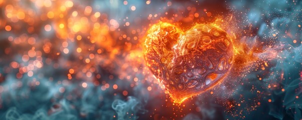 An artistic digital rendering of a fiery heart shaped sculpture surrounded by sparkling bokeh lights and smoke.