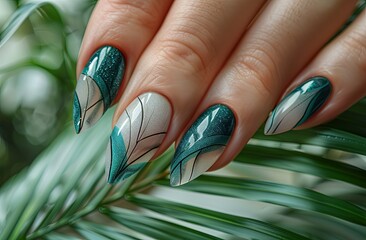 A woman hand with a perfect manicure on a light green background, holding fabric. Nail art concept. A close up of a woman's hands with green glitter manicured nails and an elegant fashion silk cloth. 