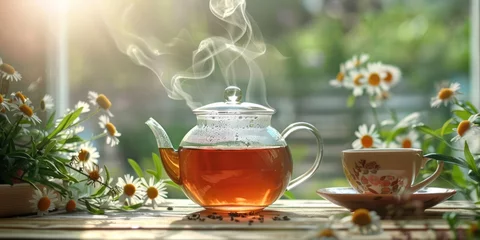  A steaming cup of herbal tea with a teapot and teacup.  © kimly