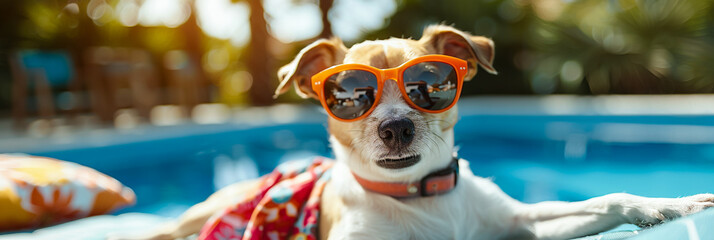 Sunny day, dog in sunglasses on the beach, stealing hearts with its energy.
