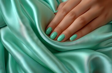 Fototapeta premium A woman hand with a perfect manicure on a light green background, holding fabric. Nail art concept. A close up of a woman's hands with green glitter manicured nails and an elegant fashion silk cloth. 
