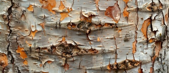 Variety of textures and shapes on birch tree bark. Background display of birch bark.