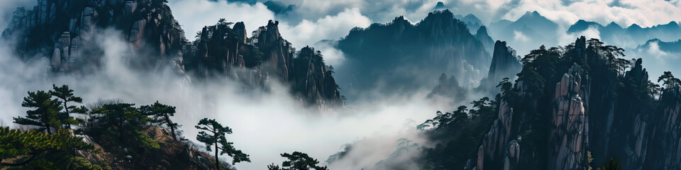 Landscape banner of clouds, sea, fog and pine trees in Huangshan, Anhui, China,created with Generative AI tecnology.