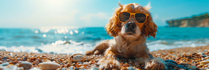 Dog in sunglasses on the beach, summer banner: leisure time, sunbathing pooch, lazy days. - obrazy, fototapety, plakaty