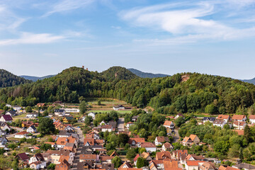 Aerial View of Town of Erfweiler seen from Hahnfels in Rockland of Dahn, Rhineland-Palatinate, Germany, Germany