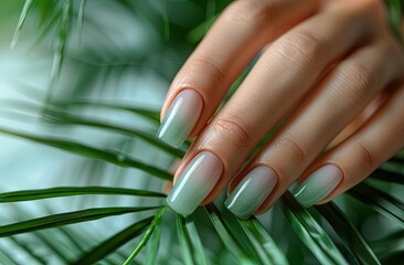 Beautiful woman's hand with gray manicure holds a palm leaf on a light background in a closeup view. French nail art design in the style of a spa concept. Generative AI