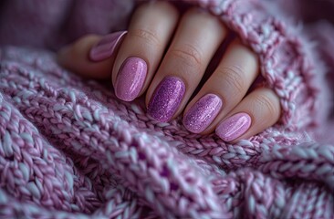 Beautiful woman's hand with perfect manicure on white sweater isolated on dark background, closeup view, pastel purple color nail polish, fashion concept. generative AI