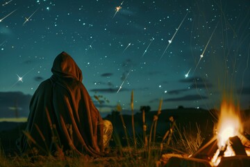 man with hooded blanket by fire watching meteors in sky - obrazy, fototapety, plakaty