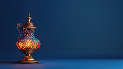 Fototapeta na wymiar An ornate, illuminated Arabian lamp against a blue background, suggesting magical or Middle Eastern theme.