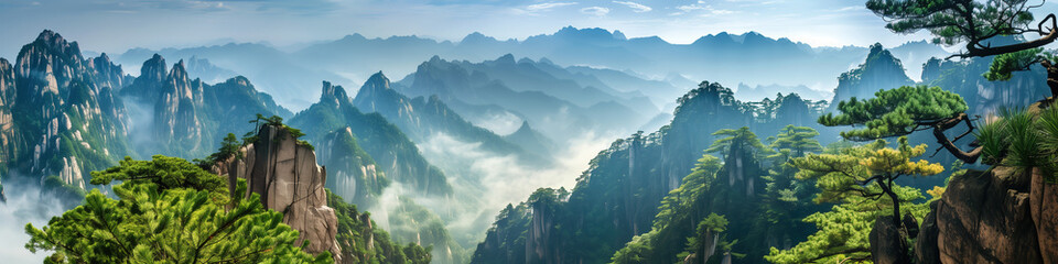 Landscape banner of clouds, sea, fog and pine trees in Huangshan, Anhui, China,created with Generative AI tecnology. - obrazy, fototapety, plakaty