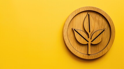 A wooden emblem with a leaf design against vibrant yellow background.