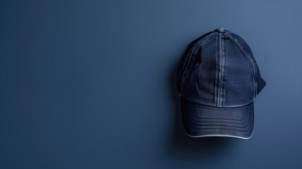 A denim baseball cap hanging on a dark blue wall with space for text. - obrazy, fototapety, plakaty