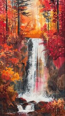 Fototapeta premium Autumn waterfall, warm reds and oranges, eye level, lively, watercolor warmth