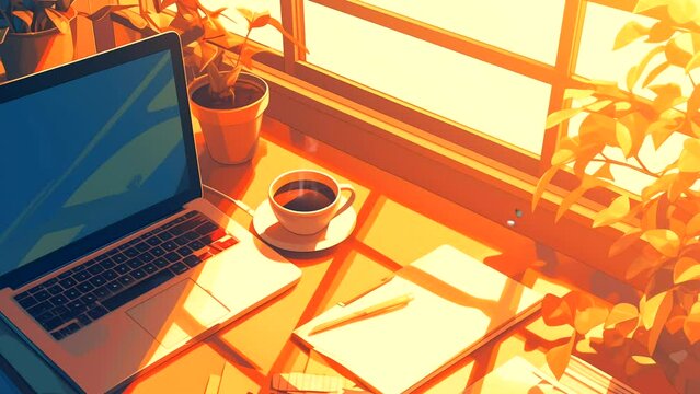 Animation Warm coffee and laptop on the table by the window. seamless looping 4k time-lapse animation video background