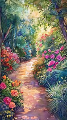 Blossoming garden in spring, vibrant flora, eye level, cheerful, watercolor vibrancy
