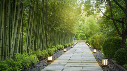 Stone walkway with the bamboo tree on beside of the walkway, lifestyle concept for living with the nature - obrazy, fototapety, plakaty