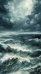 Fototapeta premium Stormy seascape, dark blues and greys, wide lens, dramatic, watercolor turmoil 