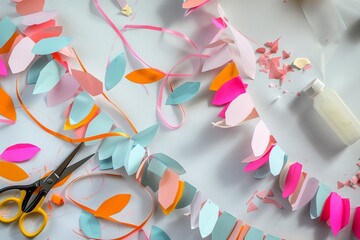 diy paper garland kit with scissors and glue on table - obrazy, fototapety, plakaty