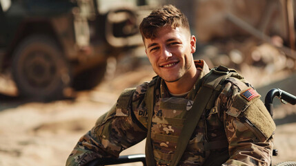 A disabled young male soldier wearing a happy camouflage uniform sits smiling looking at the camera in a wheelchair. - obrazy, fototapety, plakaty