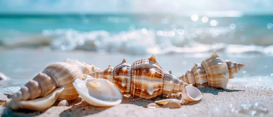 Fototapeten Close-up view of numerous seashells scattered across the sandy beach, with the vast ocean in the background. A tranquil scene capturing the beauty and serenity of the coastline. © Evgeniia