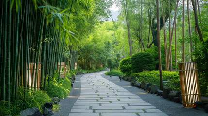 Stone walkway with the bamboo tree on beside of the walkway, lifestyle concept for living with the nature