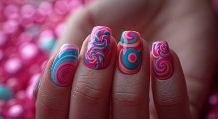 Naklejka premium Nail art design with a candy and lollipop theme, featuring a vibrant pink background and colorful details. Generative AI
