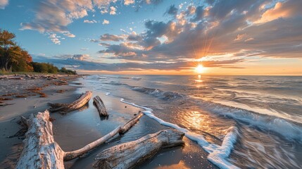 Sunset Rays over Driftwood-Lined Sandy Beach - obrazy, fototapety, plakaty