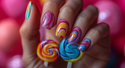 Obraz premium Nail art design with a candy and lollipop theme, featuring a vibrant pink background and colorful details. Generative AI