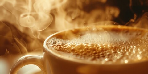 A close-up of a steamy cup of freshly brewed coffee with frothy milk.  - obrazy, fototapety, plakaty