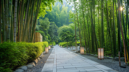 Stone walkway with the bamboo tree on beside of the walkway, lifestyle concept for living with the...