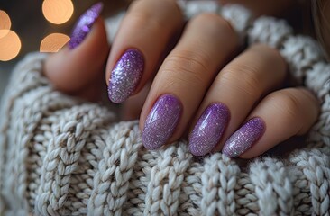 The hand has beautiful lavender colored nail polish on her fingernails, wearing a white knitted sweater. Generative AI
