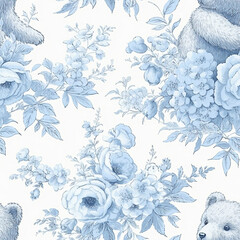  french toile pattern of beautiful light blue peony flowers