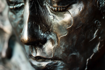 Detailed Close-Up of a Bronze Sculpture Face