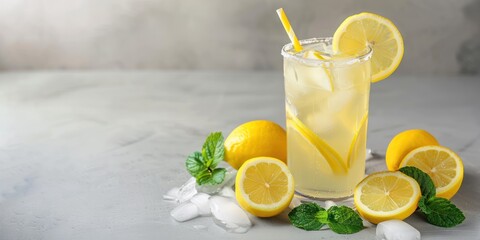 A refreshing glass of ice-cold lemonade with lemon slices and mint leaves. 