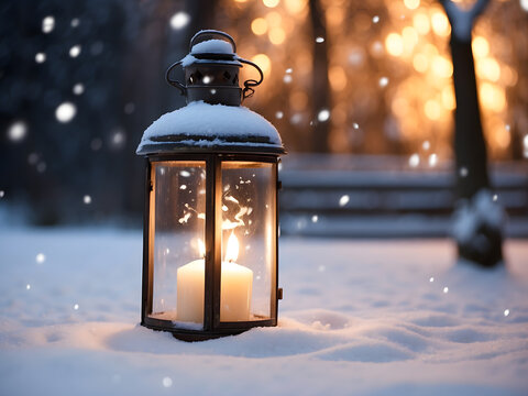 a lantern with a candle lit in the snow, a stock photo by Jeff A. Menges, pixabay contest winner, neo-romanticism, flickering light, glowing lights, luminescence