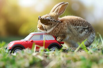 rabbit in tiny sunglasses atop a miniature car toy - obrazy, fototapety, plakaty