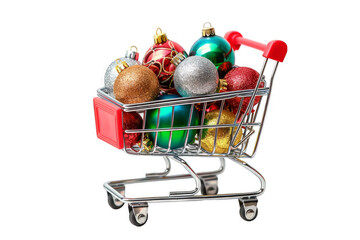 Miniature shopping cart filled with colorful Christmas ornaments isolated on a white backdrop
