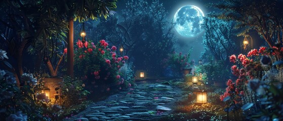 A magical night garden comes to life with radiant flowers, glowing lanterns leading the stone path, and a captivating moon backdrop.