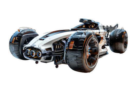 Futuristic race car with exposed mechanisms, high-tech tires, and sleek aerodynamics isolated on black