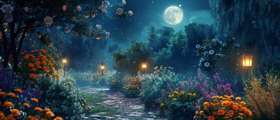 A magical night garden comes to life with radiant flowers, glowing lanterns leading the stone path, and a captivating moon backdrop.